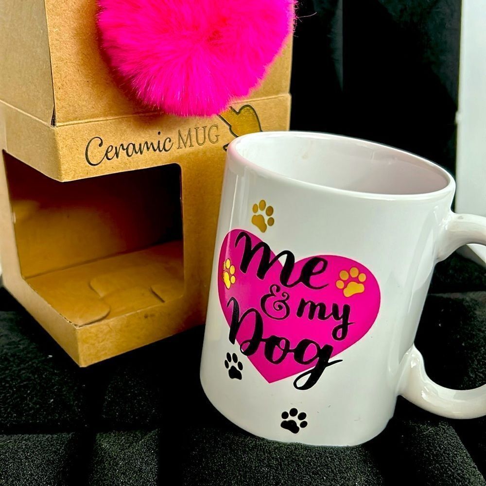 Me And My Dog Ceramic white and pink mug gold accents paws